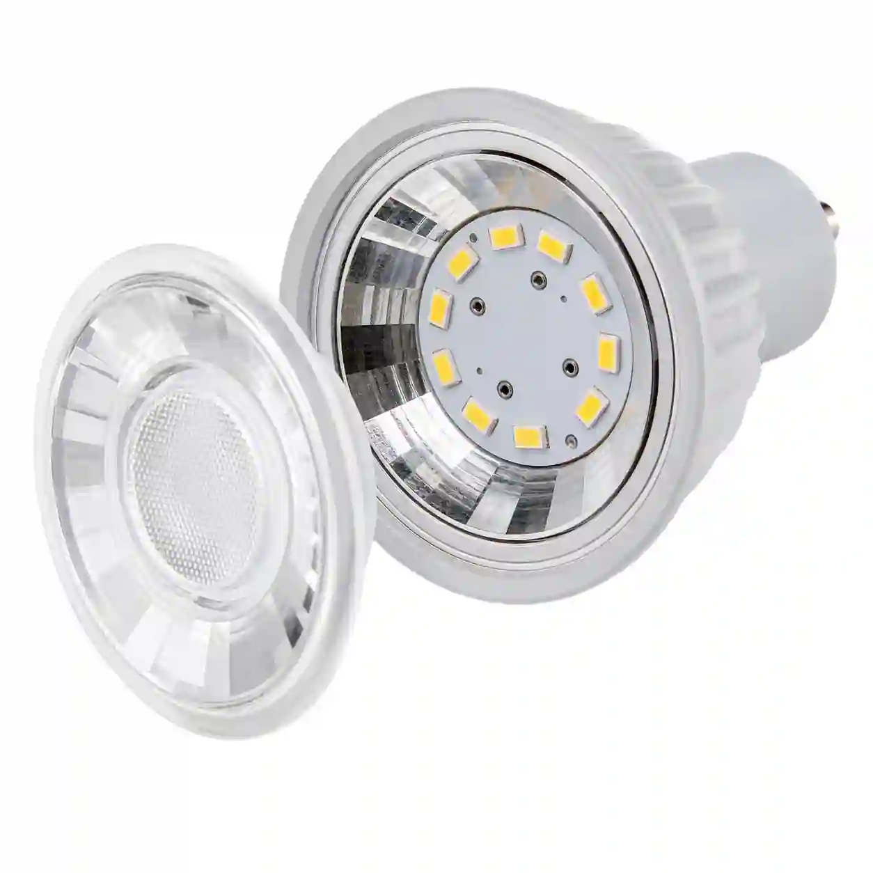 Detail LED čipů uvnitř reflektoru žárovky GU10